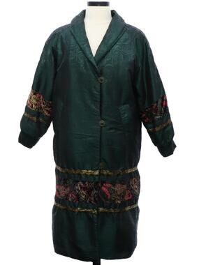 Vintage 80s Long Green Raincoat Jacket Floral Trim Midi Embroidered Women’s XL